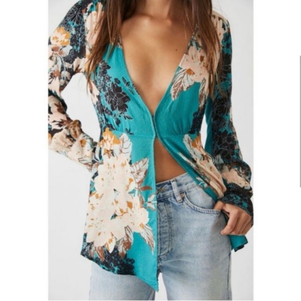 Free People Turquoise Floral Deep V Tunic